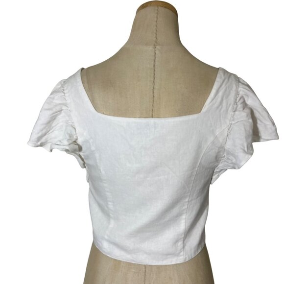 Trf white linen blend shirt button front crop length short sleeve S - Picture 7 of 7